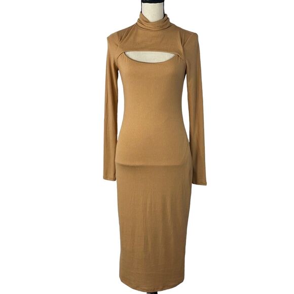 And Now This X-Small Midi Bodycon Dress Turtleneck Long Sleeve Stretch Tan Lined - Picture 1 of 10
